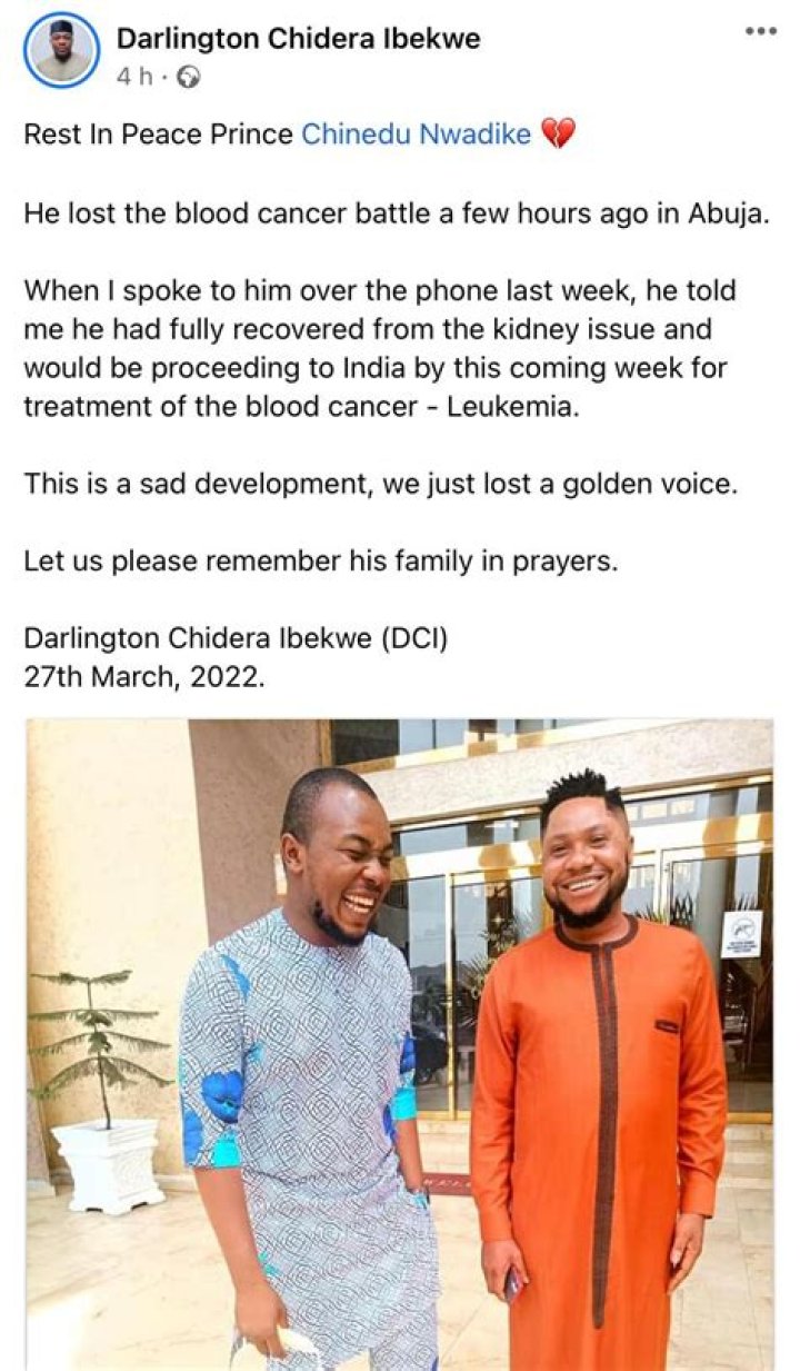 
Is Singer Chinedu Nwadike Dead After Long Term Sickness From Kidney Faiulure? Latest News 